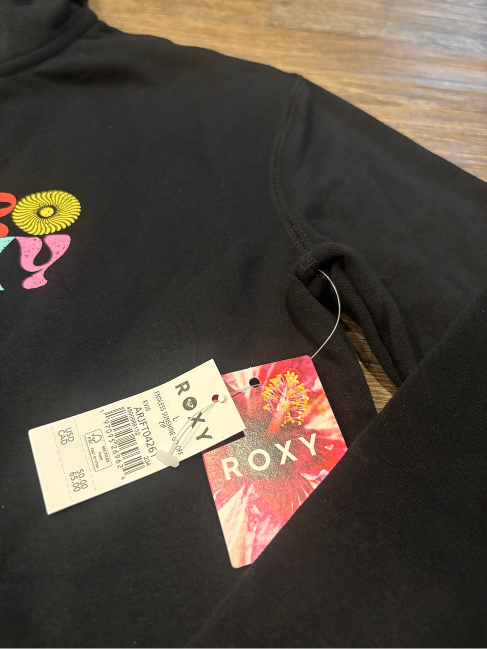 NWT Roxy Endless Sunshine Zip Hoodie Black Lightweight Surf Coast Graphic Large - Picture 5 of 8